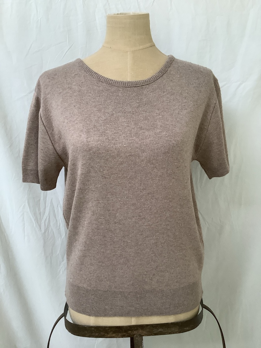 Basic Editions Vintage Sweater Top-Tan/Taupe-Short Sleeve-Round Neck-Acrylic-S